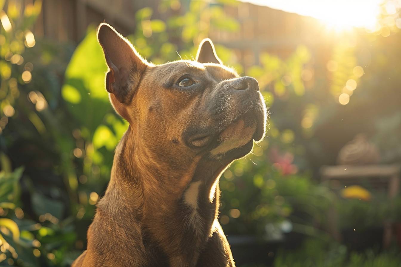 Un Staffordshire Bull Terrier curieux devant un plat  
Un Staffie attentif explorant sa nourriture préférée