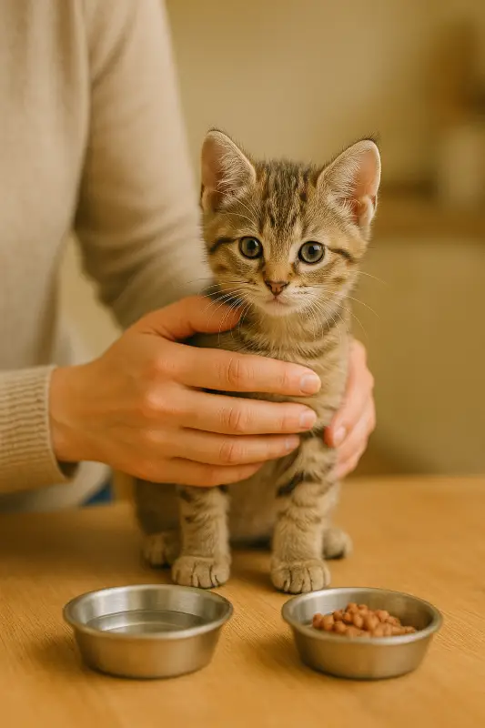 Un chaton observé avec douceur pendant son repas, pour illustrer l’importance d’adapter les quantités à chaque animal.